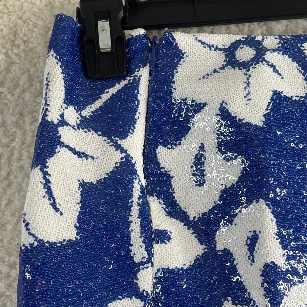 NWOT Diane Von Furstenberg Womens Blue White Sequined Floral Skirt Size 0